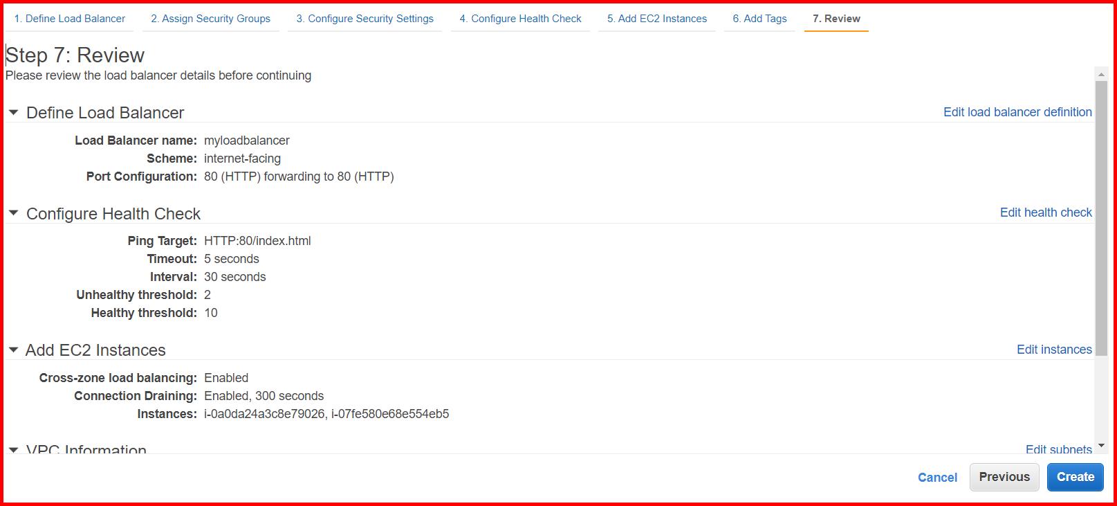 Picture showing the review screen before the creation of the load balancer